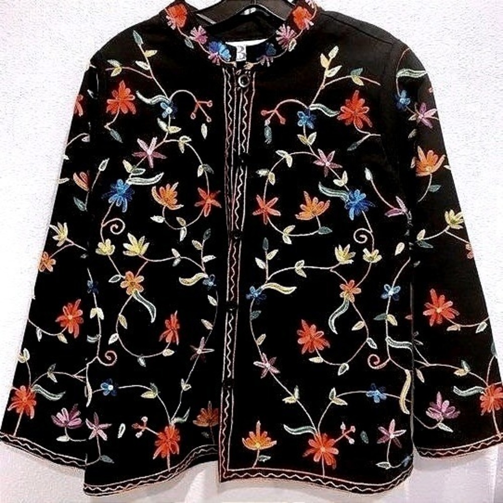Vintage Embroidered Floral Jacket Black Multicolor 100% Cotton PL